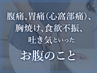 腹痛、胃痛（心窩部痛）、胸焼け、食欲不振、吐き気といったお腹のこと