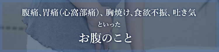 腹痛、胃痛（心窩部痛）、胸焼け、食欲不振、吐き気といったお腹のこと